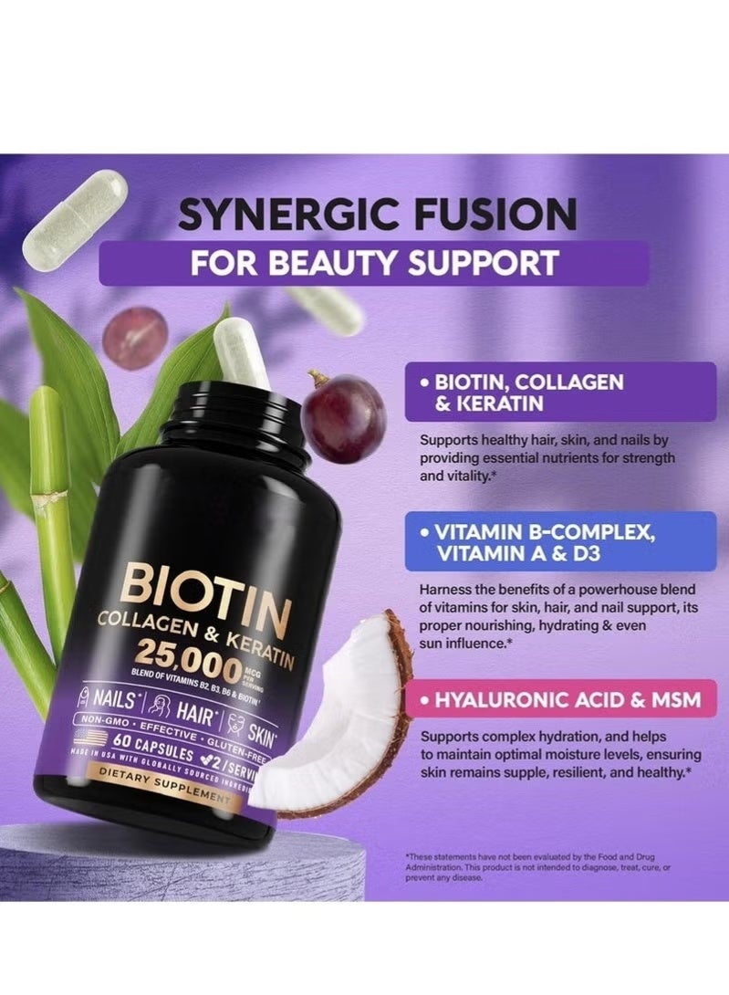 Biotin 2 PCS Biotin | Collagen | Keratin | Hyaluronic Acid - Hair Growth Support Supplement | Skin & Nails Beauty Complex 25000 mcg - | B2 | B3 | B6 | - Made in USA - For Women & Men | 60 Capsules - Image 3